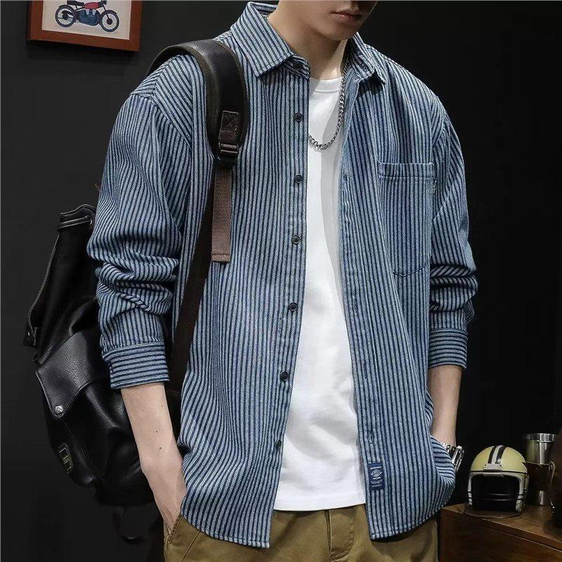 Trendy brand washed striped Denim long-sleeved shirt men's autumn new Japanese casual all-match blue shirt jacket Trendy brand washed striped Denim long-sleeved shirt men's autumn new Japanese casual all-match blue shirt jacket