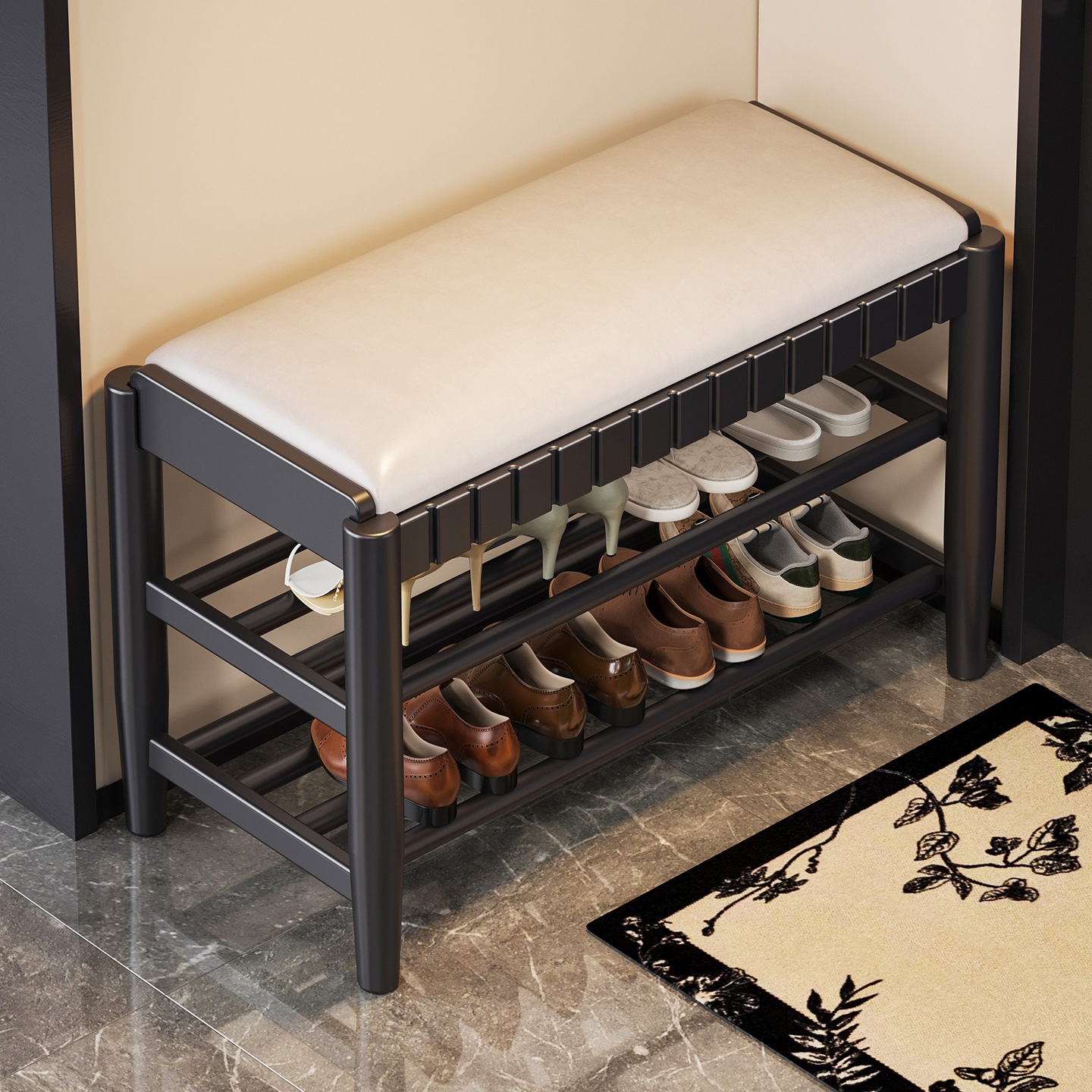 Taburete de cambio de zapatos de madera sólida puerta de entrada doméstica para asiento y almacenamiento de taburete integrado porche de entrada de lujo ligero para asiento y estante de zapatos