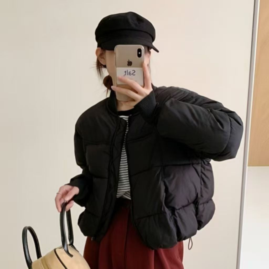 工厂定制新款高端针织棒球领小个子保暖厚白色短款羽绒棉棉服