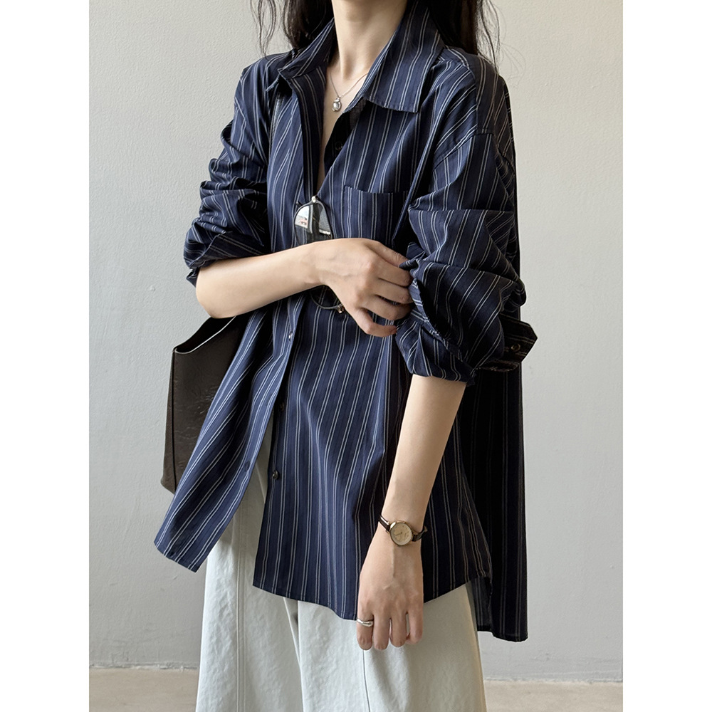 言双 竖条纹长袖纯棉衬衫女 秋季韩版休闲BF风宽松显瘦衬衣82597