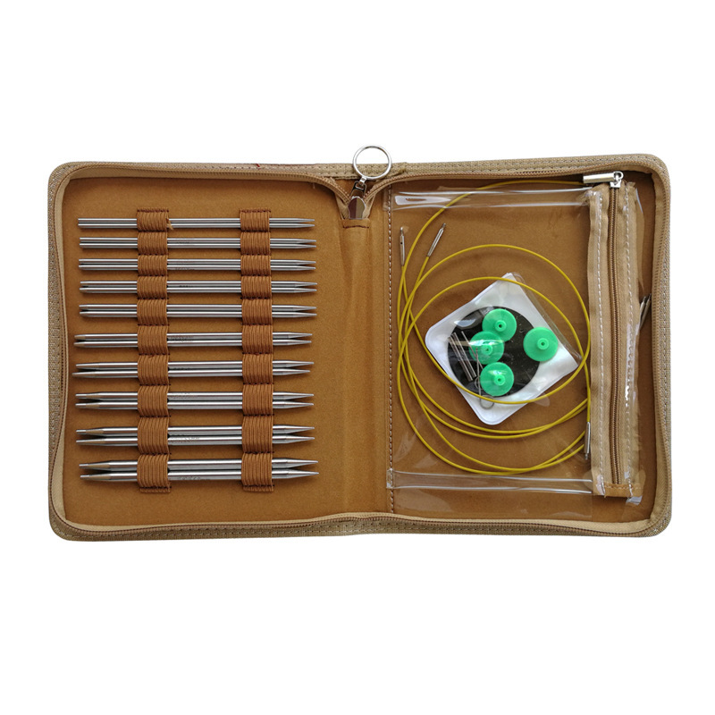 Herramientas de tejido aguja de lana aguja de suéter de acero inoxidable desmontable aguja de anillo un conjunto de 10 paquetes cuadrados PU