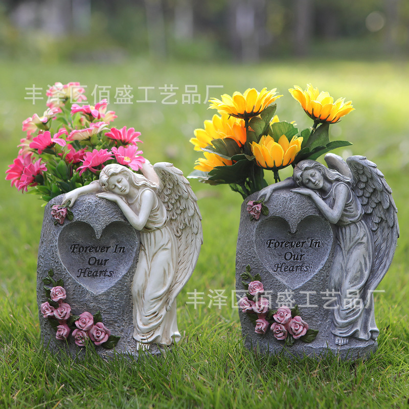 Cross-Border Commemorative Gift Imitation Stone Resin Cemetery Vase Angel Ornaments Decorative Outdoor Garden Solar Light Ornaments