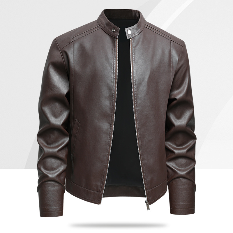Cross-Border New Product Men's Pu Leather Jacket, Spring and Autumn Korean Style Trendy Stand Collar Motorcycle Jacket Workwear Jacket for Men