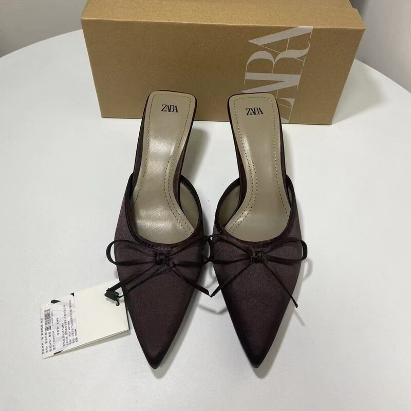Za Women's Shoes New Product 2024 Summer Brown Pointed Toe Satin Bow Decorated High-Heeled Mules Shallow Mouth Outer Wear Half Drag