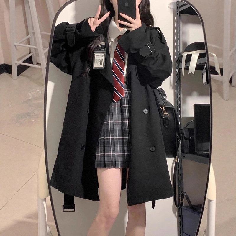 翻领款休闲英伦复古宽松大码微胖中长款西装过膝风衣外套女春秋冬|undefined