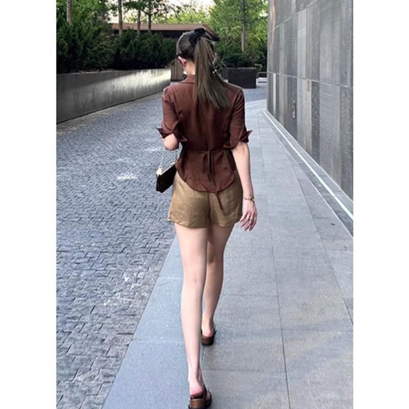 Versatile Casual Fashion Right-Shoulder Cinched Waist Mid-Sleeve Shirt for Women, Spicy Girl Style with Back Tie Waist-Cinching Polo Collar Top Versatile Casual Fashion Right-Shoulder Cinched Waist Mid-Sleeve Shirt for Women, Spicy Girl Style with Back Tie Waist-Cinching Polo Collar Top