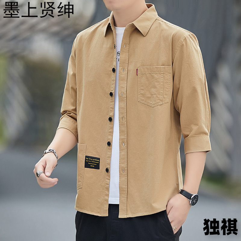 Primavera estilo Hong Kong camisa de trabajo de color sólido manga tres cuartos para hombre chaqueta hermosa camisa casual de moda