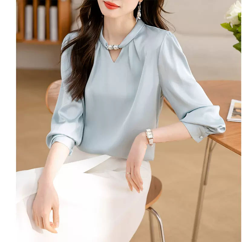 品牌春季真丝衬衫女长袖新款时尚宽松大码修身显瘦桑蚕丝打底上衣