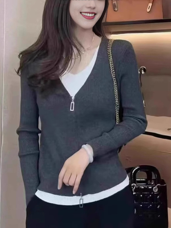 2025新款针织衫女秋季减龄针织开衫显瘦洋气小个子拉链假二件上衣|undefined