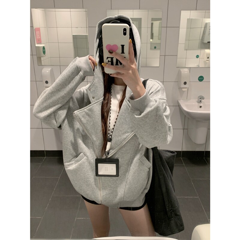 # Real Shot at Real Price [Original Cloth Pure Cotton Huacan] Double Zipper Silhouette Cardigan Sweatshirt Jacket for Women Spring & Fall Lazy