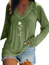 2022春季新款欧美跨境亚马逊三叶草印花长袖V领T恤女装现货