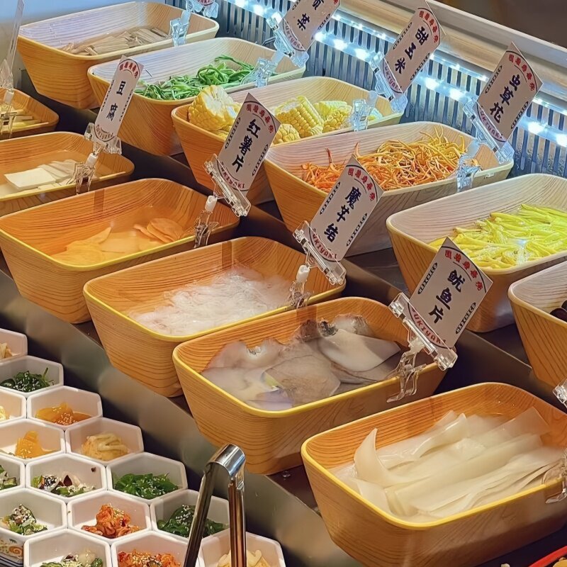 Special buffet ice cabinet for hot pot, dish display plate, melamine tableware, rectangular wood grain vegetable and mushroom platter Special buffet ice cabinet for hot pot, dish display plate, melamine tableware, rectangular wood grain vegetable and mushroom platter