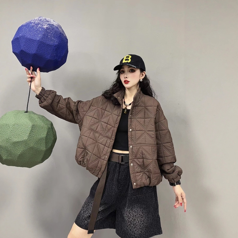 时尚米字格棉服女2025秋季新款休闲宽松立领小众短款外套棉衣|undefined