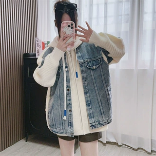 2025秋冬季新款慵懒牛仔拼接针织开衫女宽松休闲连帽毛衣外套上衣