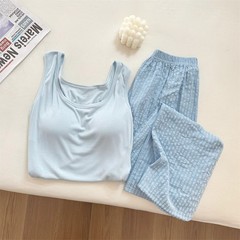胸パッド付きクロスボーダーパジャマ女性の夏模造綿ベストクラウド綿ズボンスーツ韓国スタイルのシンプルな女性のホーム服