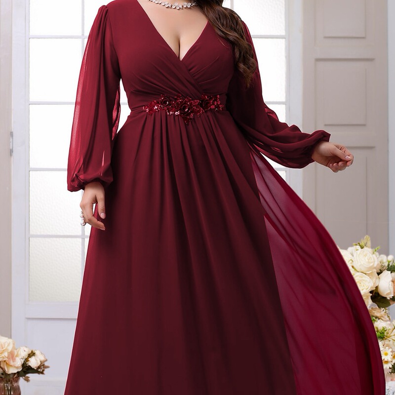 Plus size V-neck evening dress European and American new long sleeve applique large swing elegant dance dress party dress bridesmaid dress Spring