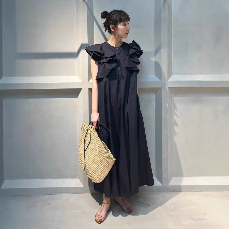 Vintage Japanese-Style Spring and Summer Ruffled Off-Shoulder Lunch Break Dress Loose Slimming A-Line Long Dress for Women