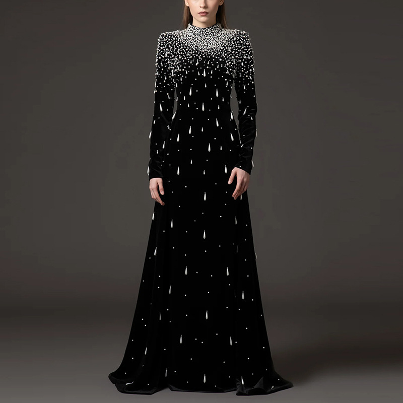 High-Quality In-Stock Evening Gown Long Dress 2026 Celebrity Series Heavy-Duty Pearl Beading Velvet Long Dress