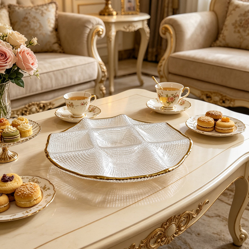 Gilded grid pattern glass tableware set, trendy light luxury style living room fruit plate set, white porcelain plates
