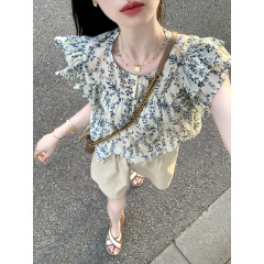 フランスの花の半袖のシャツの女性の夏のハスの葉の辺の子供のシャツのシャツのシフォンの小さいシャツの短い項の小さい飛袖の上着
