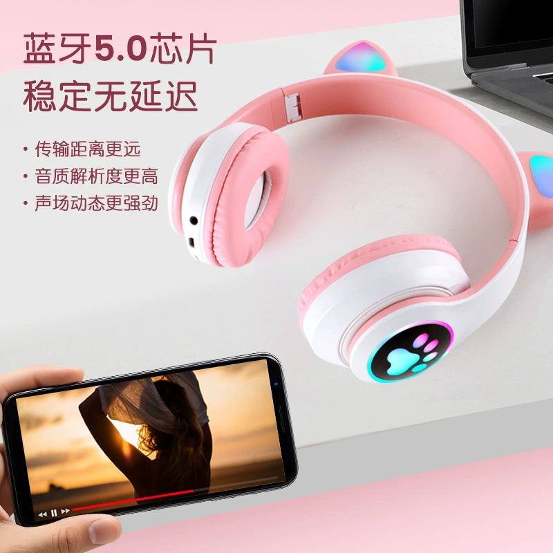 Игровая гарнитура (STN28) с светящимися ушками кота, Bluetooth 5.0, длинный срок службы аккумулятора