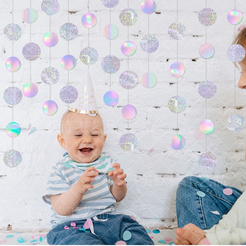 Nuevo flash láser de papel tire bandera cumpleaños fiesta suministros atmósfera decoración estrella oblea colgante 2,5 m