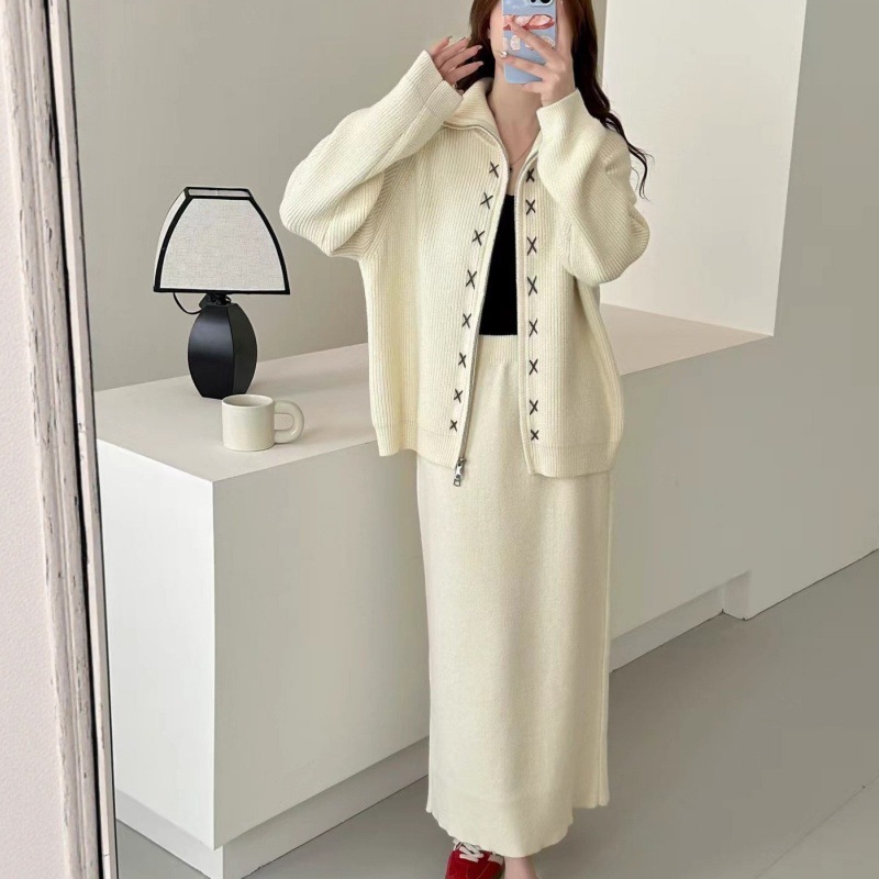 秋冬新款慵懒毛衣拉链开衫套装女设计感钩花针织半身裙跨境两件套|undefined