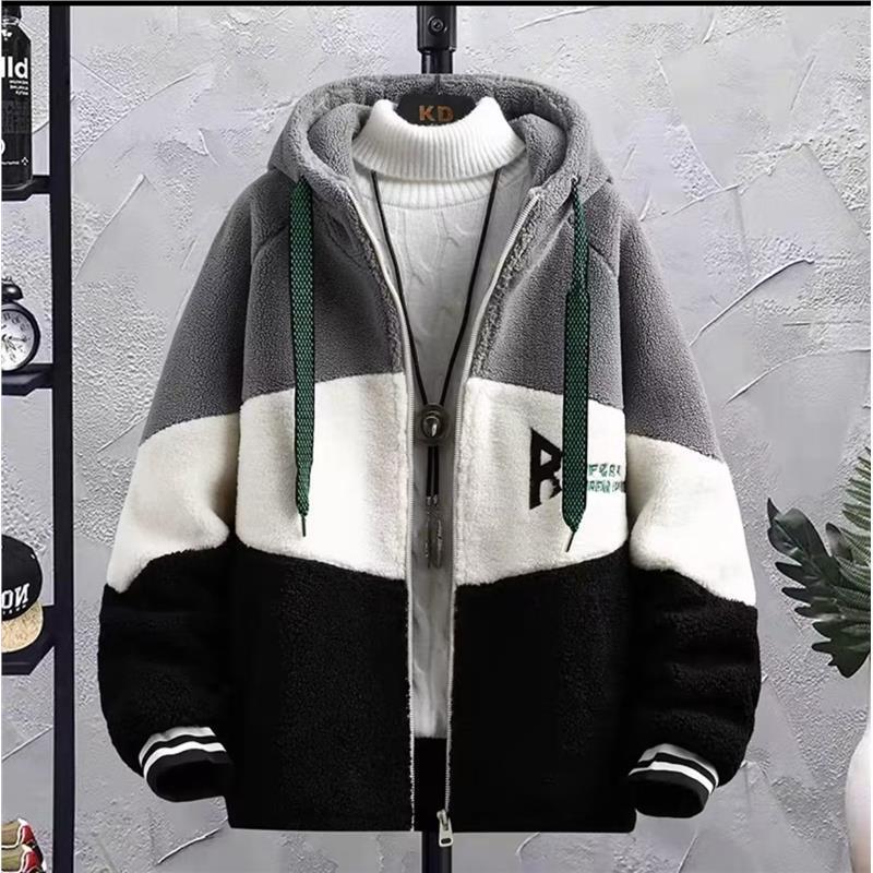 Lamb Velvet Jacket Men's Fashionable Loose plus size Men's Autumn and Winter fleece-lined Thickened Fleece Hooded Jacket