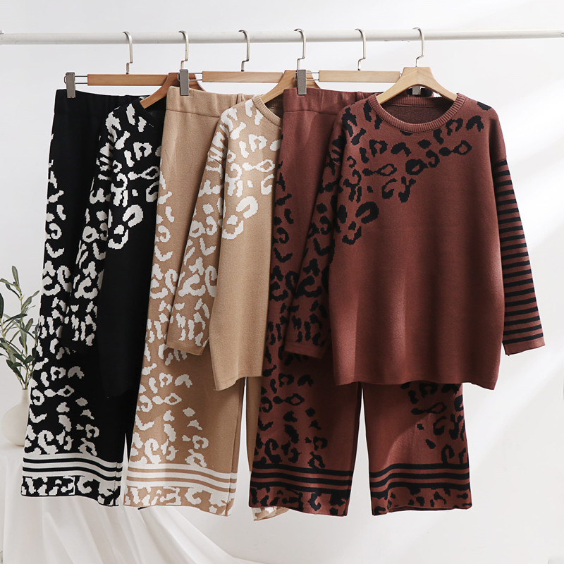 Women's Clothing autumn and winter new fashion suit leopard jacquard loose slim sweater wide leg pants knit two piece suit for women_voghion.com