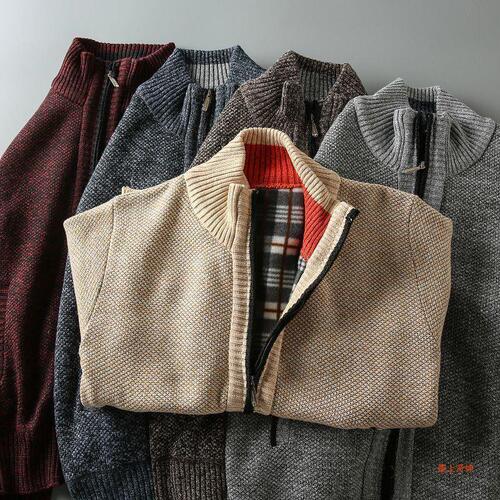 Fall/Winter Men's Stand-Neck Knitted Cardigan with Fleece Lining, Extra-Thick & Warm, Casual, Versatile Sweater Jacket Coat