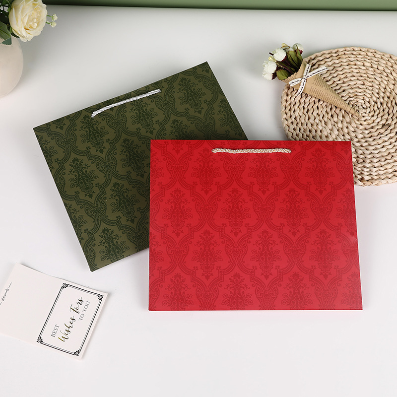 现货复古绿色手提袋护肤品包装袋服装店购物手拎袋纸袋红色礼品袋