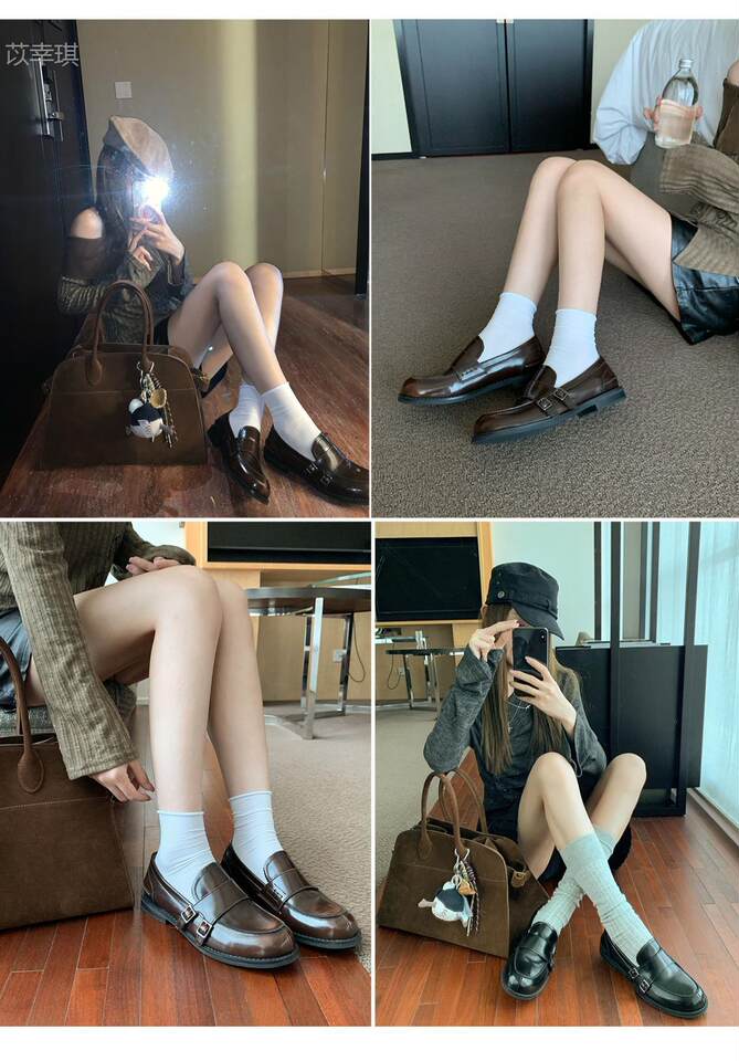 Giày lười nữ da bò thật kiểu Anh, mũi tròn, đế thấp, xỏ chân tiện lợi — Màu đen, còn hàng, đốm nâu chi tiết 5