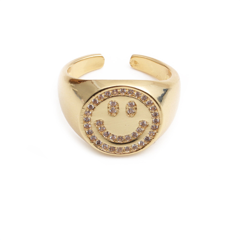 Wholesale Hip-hop Dripping Oil Diamond Smiley Copper Plated Real Gold Ring Nihaojewelry display picture 3