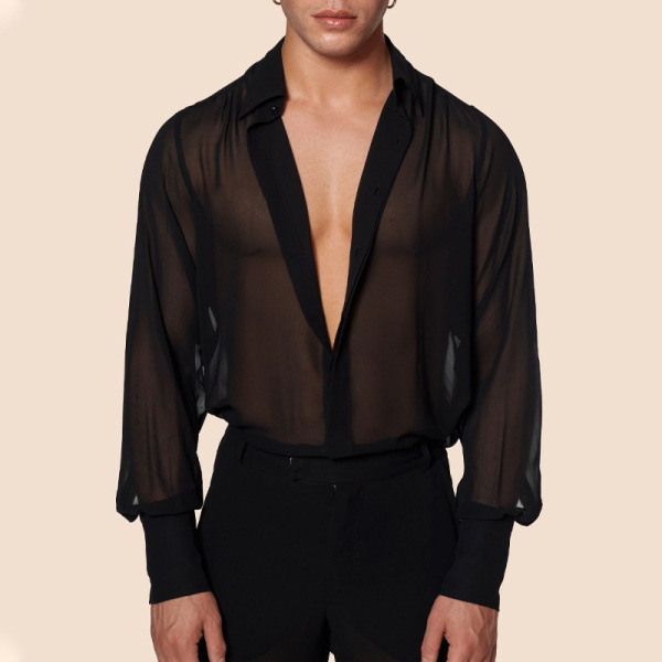 In stock summer black thin see-through men's shirt cross-border European size breathable casual top night show costume men