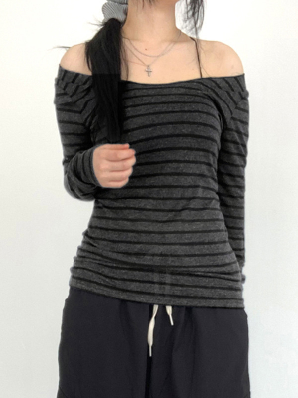 ヨーロッパとアメリカのシンプルなストライプのコントラストカラーの女性用長袖Tシャツ、クロスボーダーワンショルダーベーシック多用途スリムフィットボトムストップ|undefined