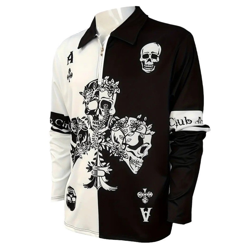Personalidad blanco y negro a juego de color cráneo estampado 3D hombres calle principal ancho de hombro suelto transpirable solapa cremallera camisa POLO