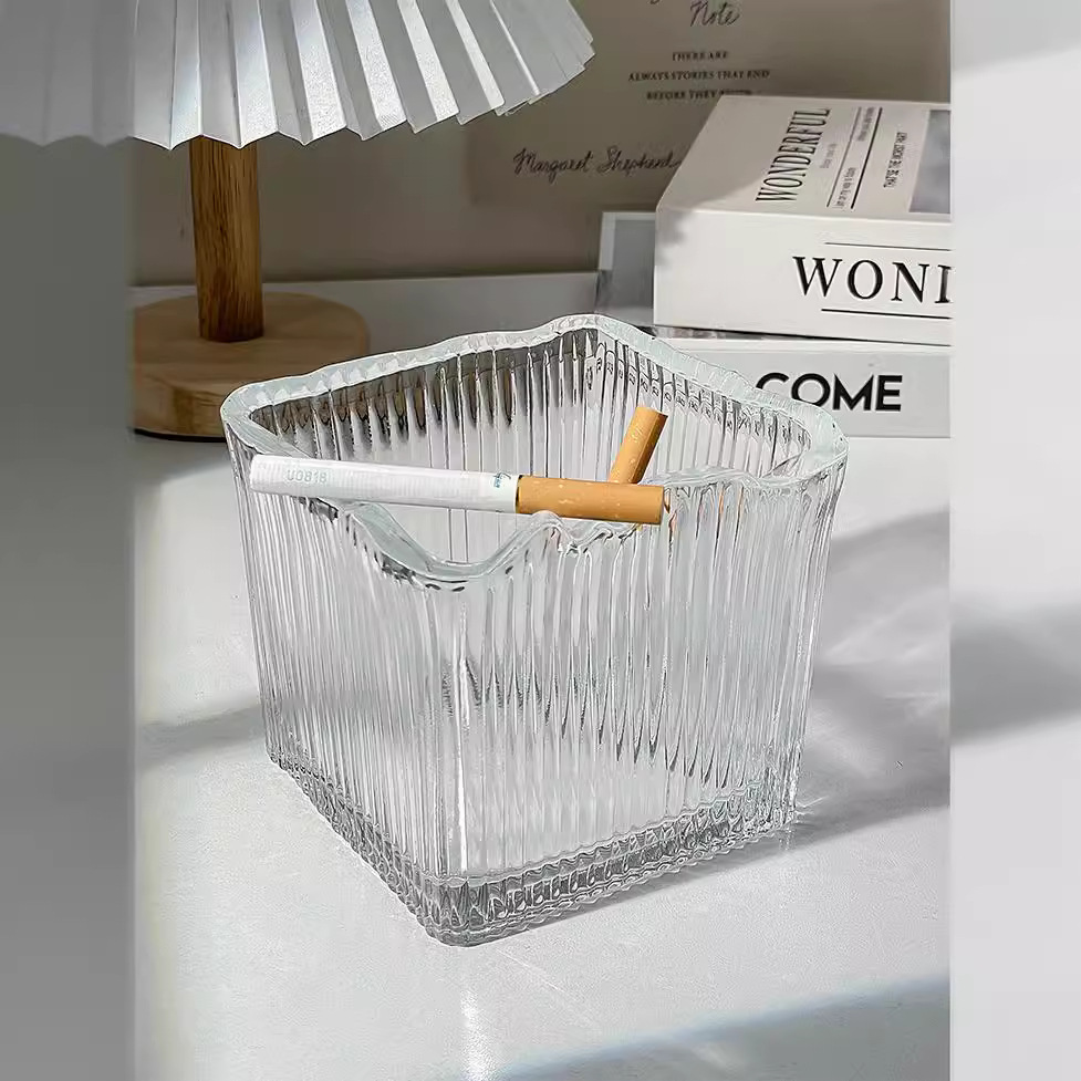 (2개) 간단한 줄무늬 유리 재떨이 거실 장식 재떨이 안티 플라이 애쉬 대용량 스퀘어 오피스 재떨이