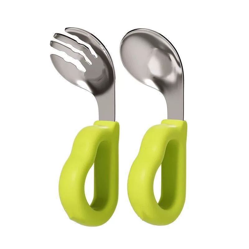 Детская вилка и ложка для прикорма 3 ребенка независимо 1 тренировочная короткая ручка для обучения еде изогнутая ложка из нержавеющей стали