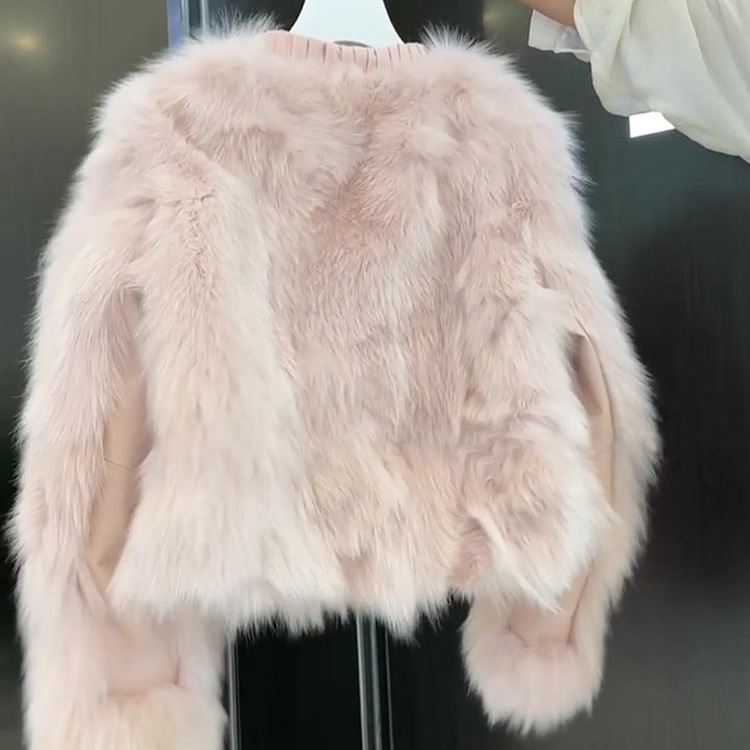 冬季粉色狐狸毛女短款流苏边设计感减龄外套毛茸茸上衣有吊牌