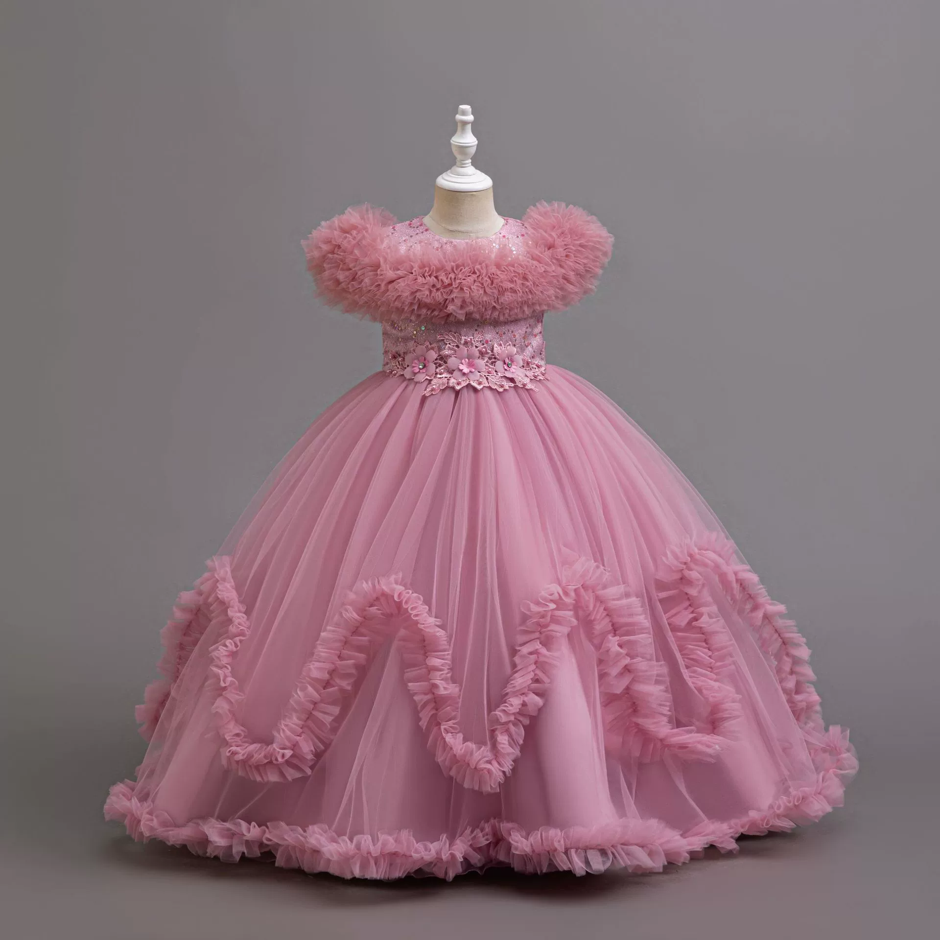 Длинное вечернее платье для девочек, сетчатое свадебное платье принцессы с цветочным узором для девочек, пышное платье для маленьких девочек, платье для выступления на фортепиано