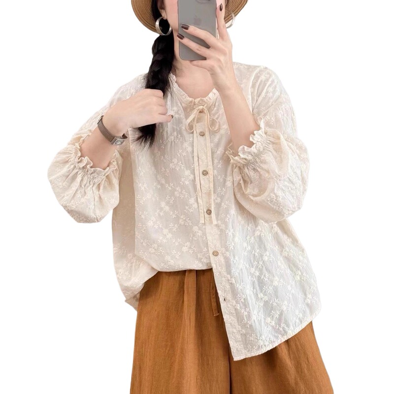 新品甜美花边系带衬衣女气质百搭叠穿长袖衬衫|undefined