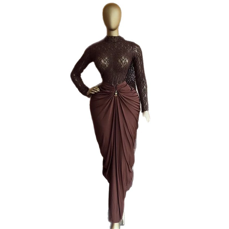 Women's Long-Sleeve Lace Blouse & High-Waist Pencil Skirt Set – Sweet & Elegant Two-Piece Outfit (Coffee, S-Xxl)_voghion.com