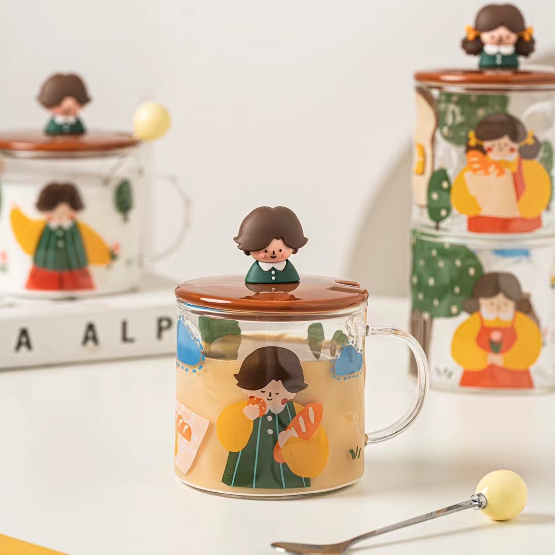 Personalidad creativa niño niña personaje de dibujos animados vidrio regalo lindo taza con tapa cuchara Oficina agua