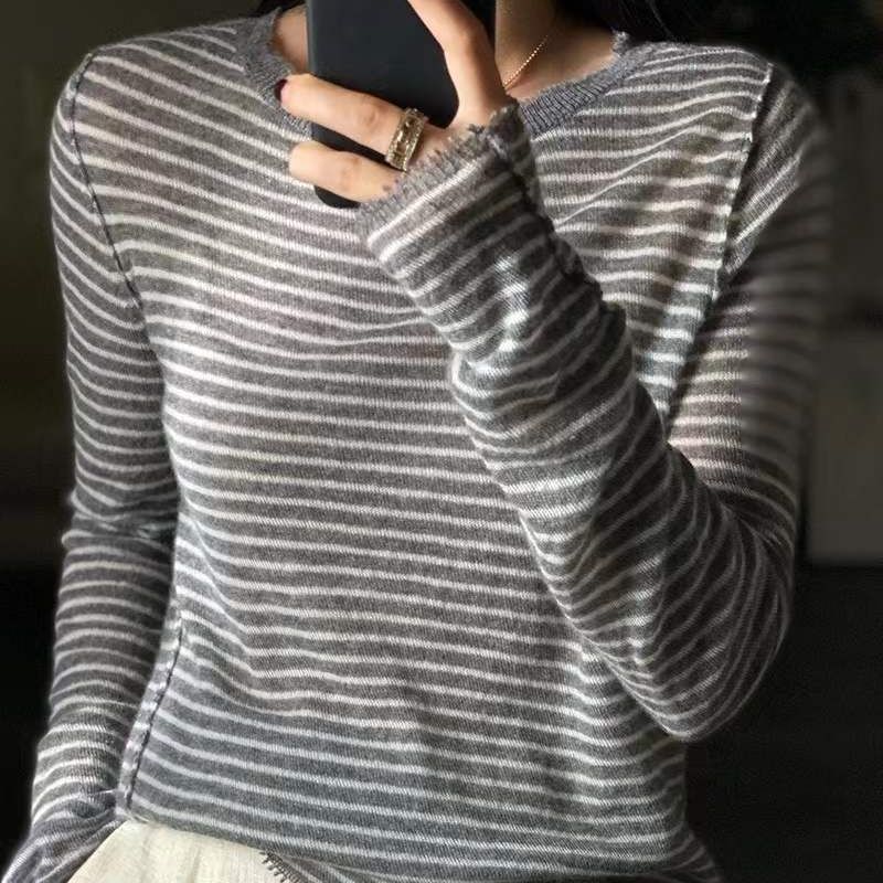 2022春季新款薄款羊毛女士圆领条纹毛衣简约时尚针织衫女批发