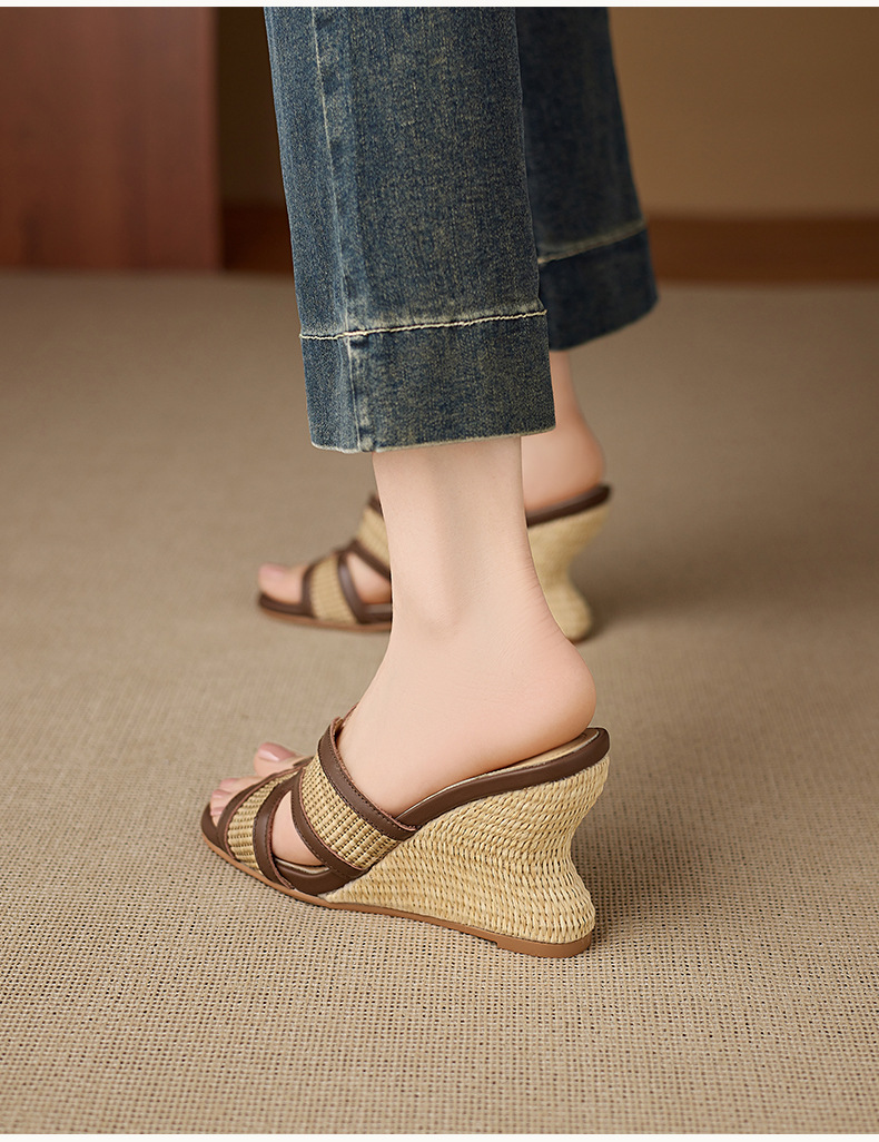 Sandal cao gót nữ mũi vuông hở ngón đế xuồng đan rơm phong cách nghỉ dưỡng — màu nâu, màu trắng ngà chi tiết 8