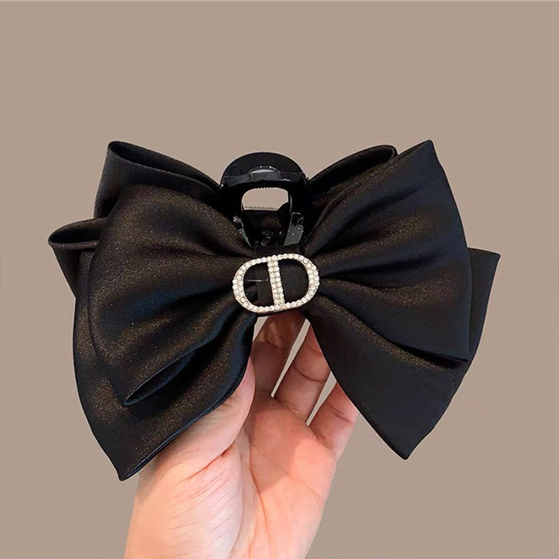 Advanced Satin Satin Big Black Bowknot Clip de tiburón Tocado Diamante cuadrado Horquilla en la parte posterior de la cabeza Clip de agarre Horquilla femenina