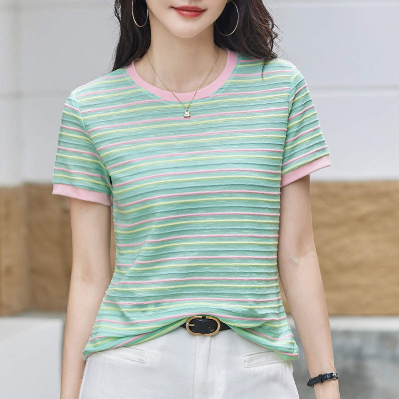 515 Color Striped T-Shirt Women's Short Sleeve Summer New Age-Reducing Loose Casual Slim Round Neck Contrast Color Top