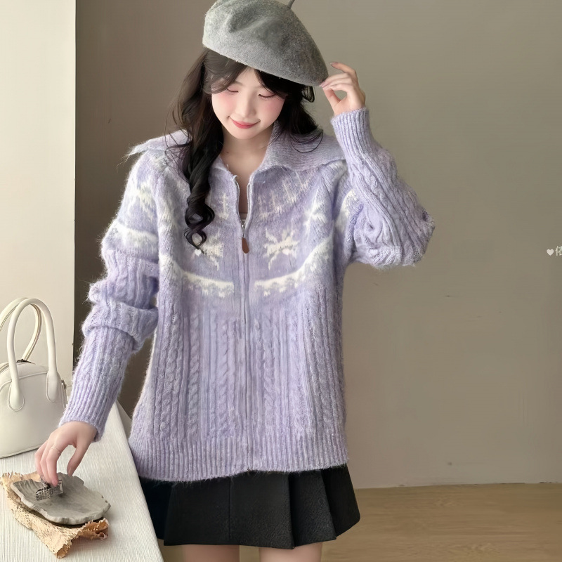 Alpaca Jacquard corteza suéter con cremallera chaqueta coreana gran solapa de pelusa sensación suave chaqueta glutinosa