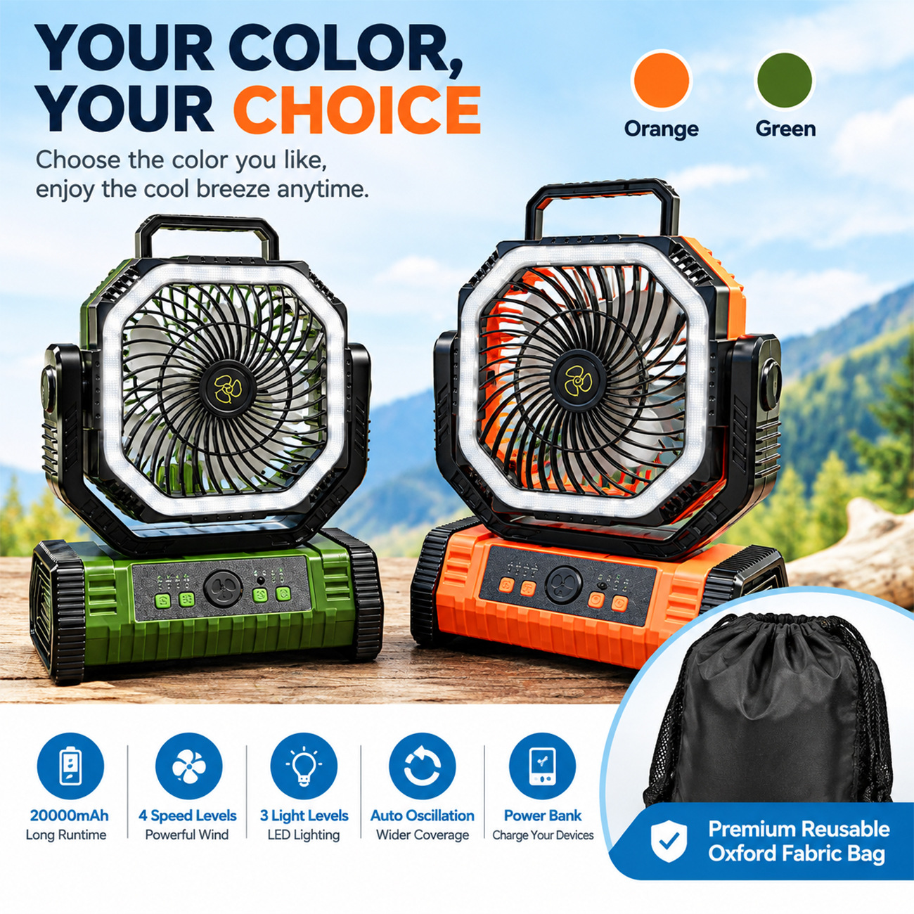 Ventilador Portátil de Camping con Luz USB con Luz LED y Batería de Emergencia para Tienda de Campaña y Pesca image 1