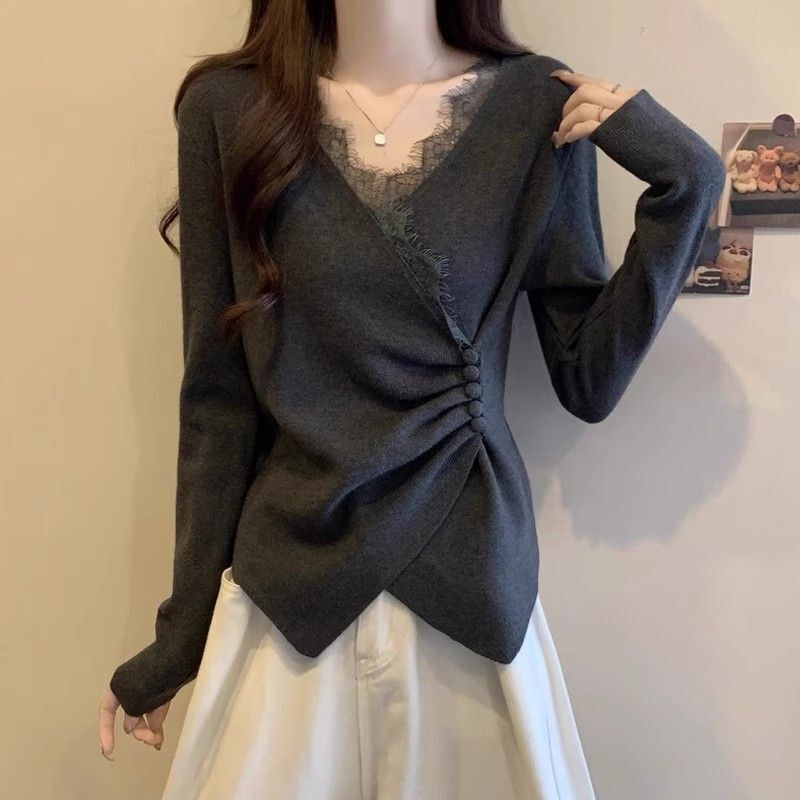 大码德绒设计感蕾丝拼接V领长袖T恤女秋冬季新款不规则交叉打底衫|undefined